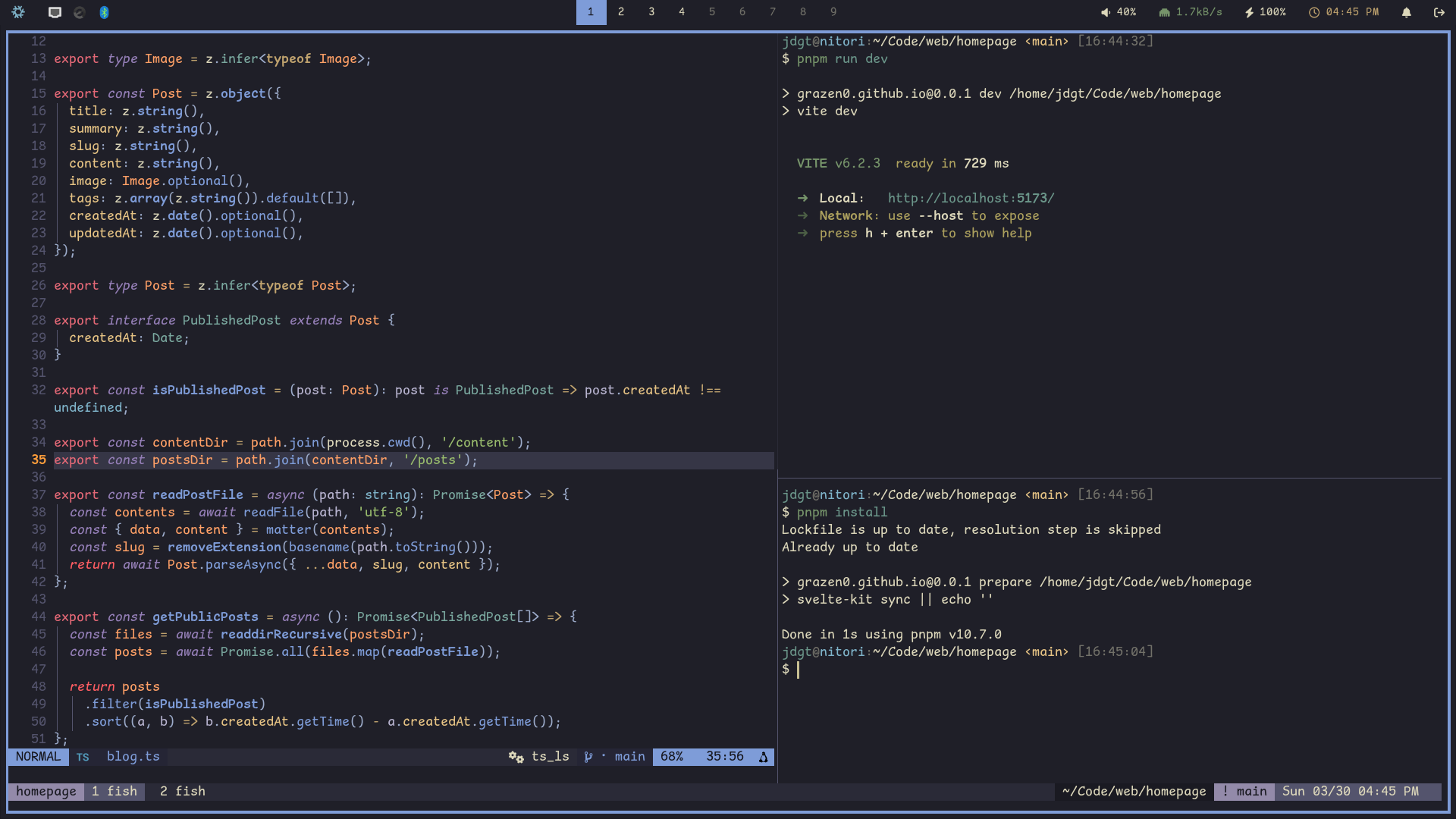 A screenshot of an example of tmux's usage